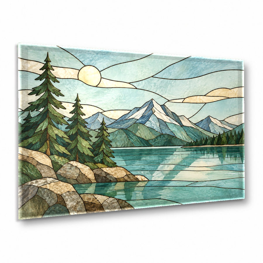 Stained Lake glass wall art hanging above a modern living room sofa