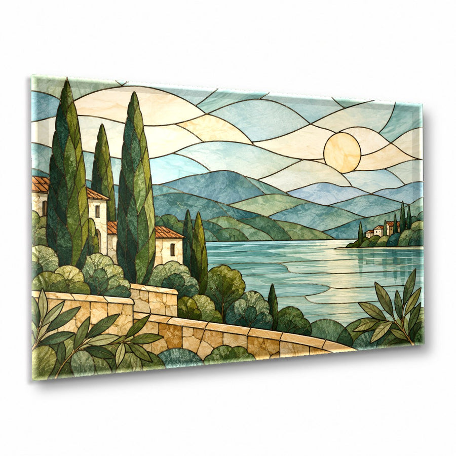 Stained Sunrise glass wall art hanging above a modern living room sofa