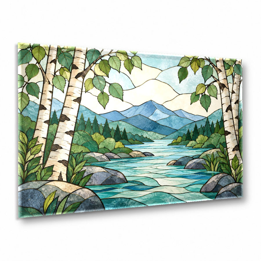 Mountain Stained Glass Wall Art hanging above a modern minimalist living room sofa