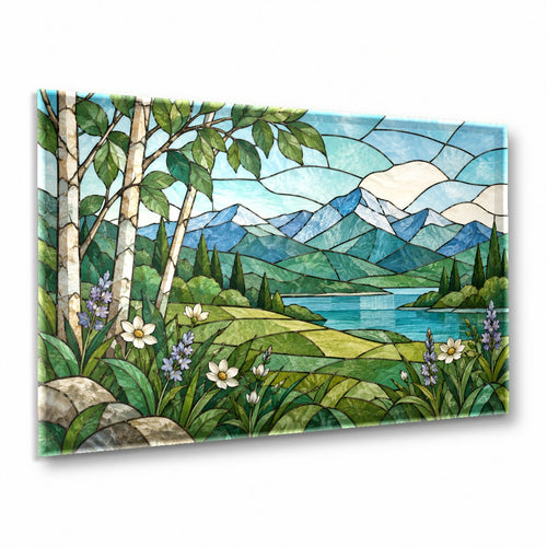 Nature Stained Glass Wall Art hanging above a modern neutral sofa in a brightly lit living room