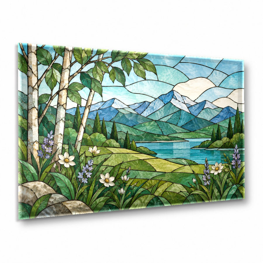 Nature Stained Glass Wall Art hanging above a modern neutral sofa in a brightly lit living room