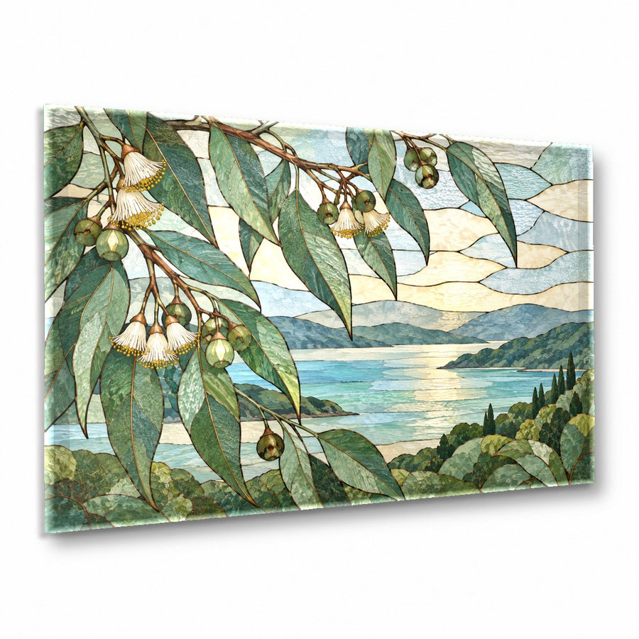 Leaves Stained Glass Wall Art hanging above a modern minimalist living room sofa