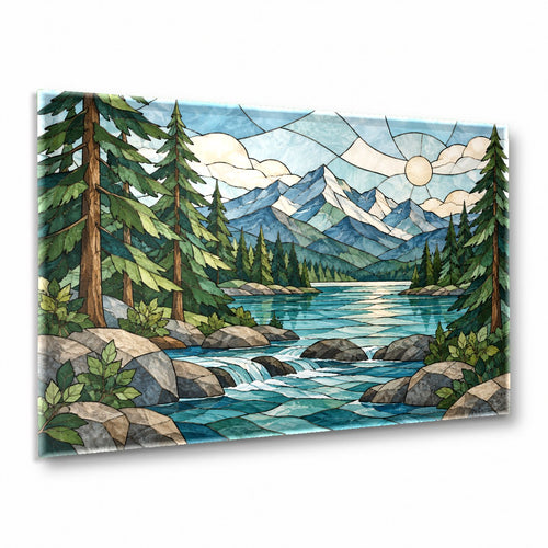 River Stained Glass Wall Art hanging above a modern minimalist white sofa in a bright living room