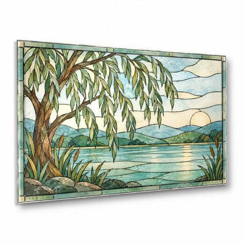 Tree Stained Glass Wall Art displayed above a modern beige sofa in a contemporary living room