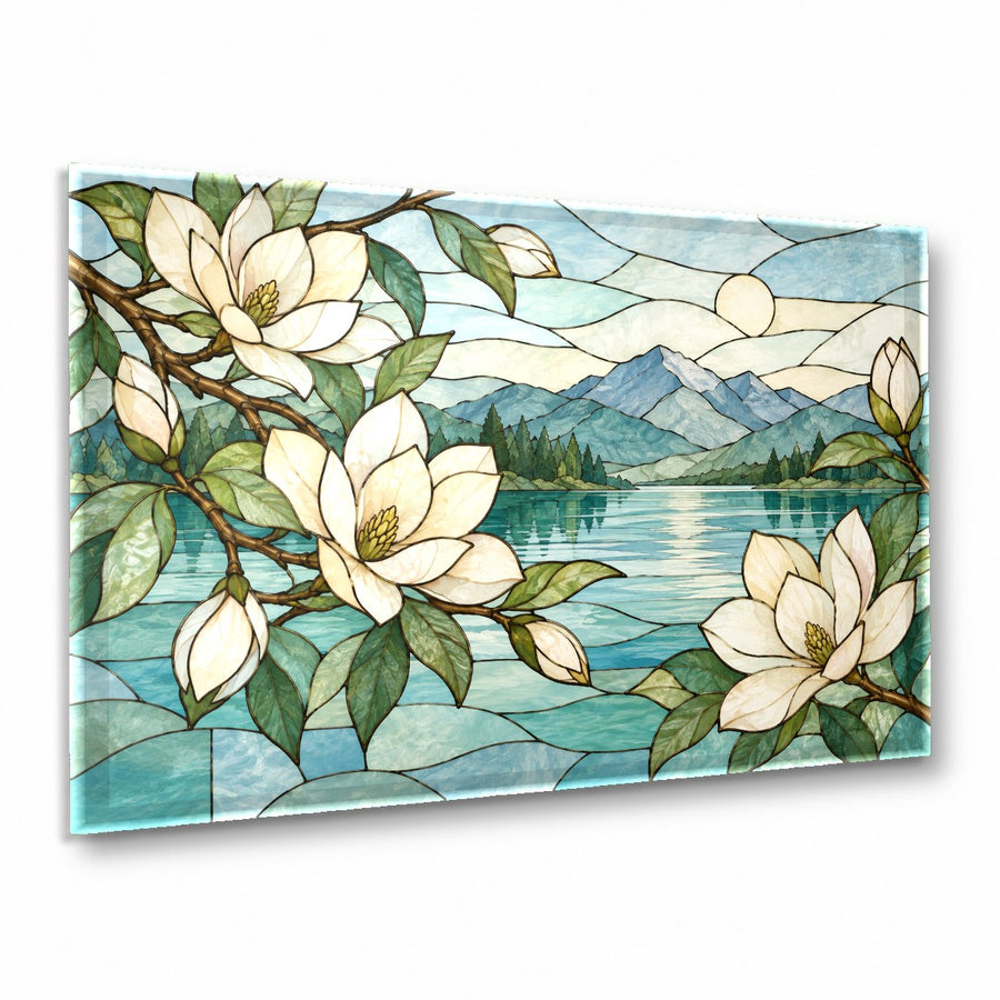 Magnolia Stained Glass Wall Art hanging in a bright modern living room above a velvet sofa