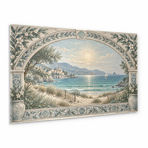 Coastal Archway glass wall art hung above a white linen sofa in a sunlit modern living room.
