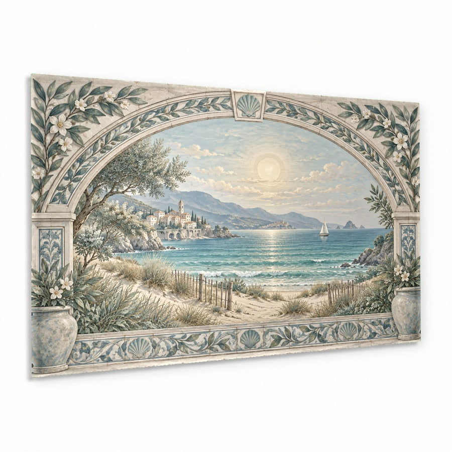 Coastal Archway glass wall art hung above a white linen sofa in a sunlit modern living room.