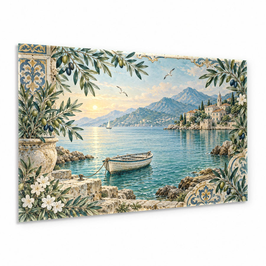A peaceful harbor rowboat glass print hung above a beige sofa in a modern coastal living room.