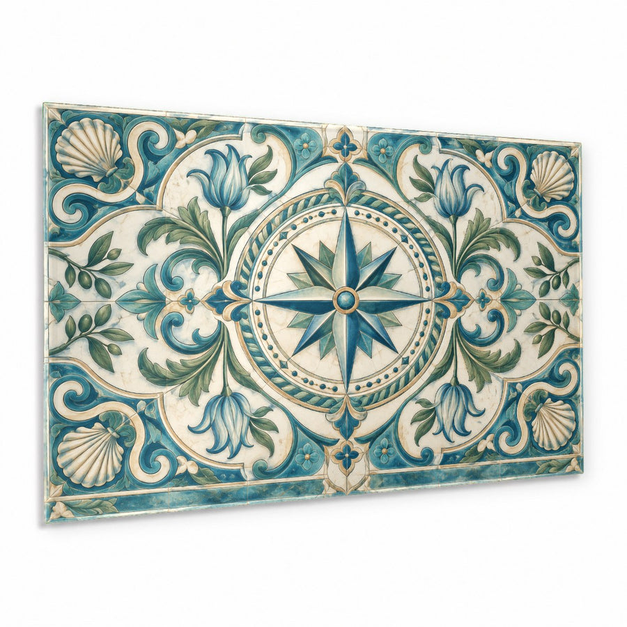 Compass Rose glass wall art hanging in a modern coastal living room above a sofa
