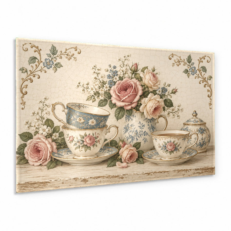 Rose Teacups Glass Wall Art hanging in a cozy breakfast nook with morning sunlight