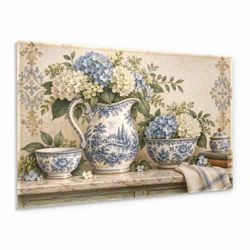 Hydrangea Pitcher glass wall art hanging in a bright country kitchen