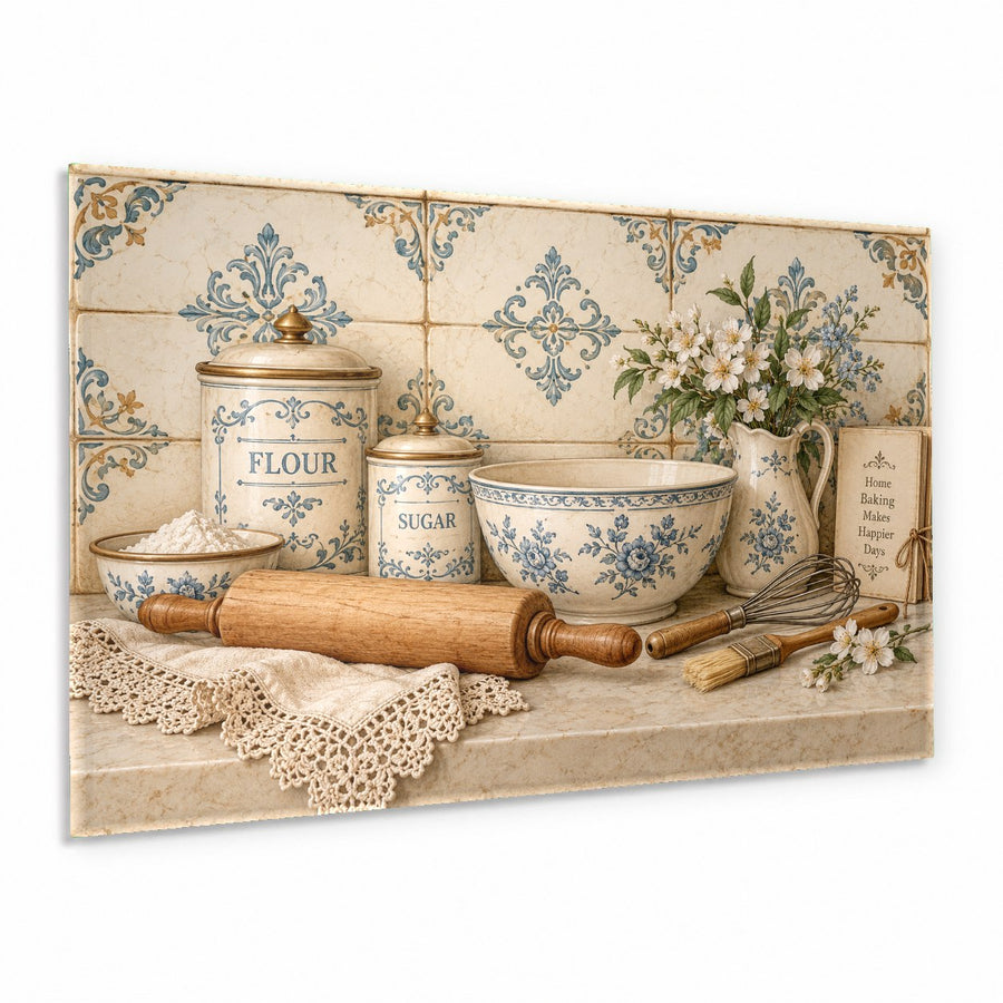 Baking Canisters Glass Wall Art hanging in a bright modern farmhouse kitchen above the counter