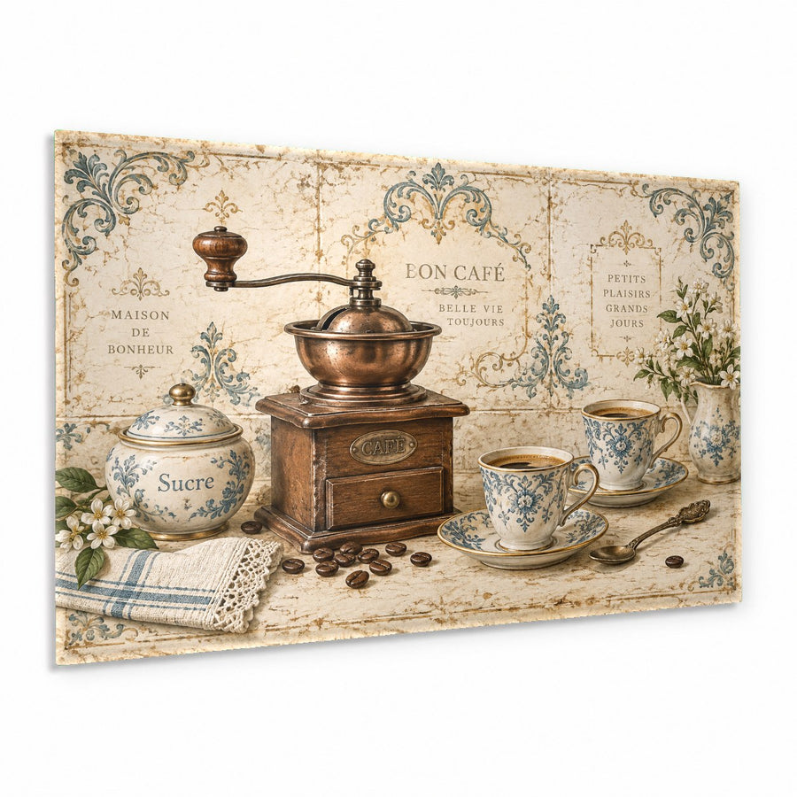 Rustic coffee grinder glass wall art hanging in a cozy modern farmhouse kitchen above a wooden countertop.