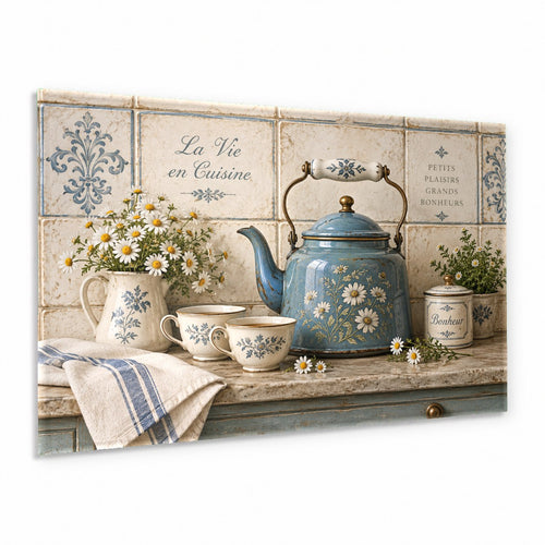 Daisy Kettle Glass Wall Art hanging in a bright country kitchen above a rustic wooden table
