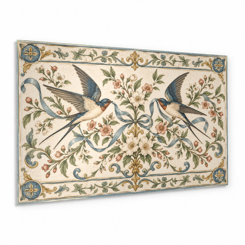 Swallow Ribbon glass wall art hanging in a bright modern living room above a velvet sofa