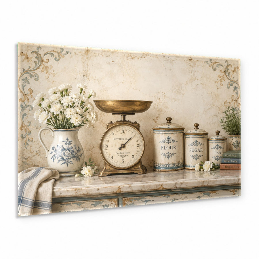 Kitchen Scale Glass Wall Art hanging above a rustic wooden countertop in a modern country kitchen