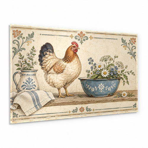 Farmhouse Hen Glass Wall Art hanging in a rustic country kitchen above a wooden dining table