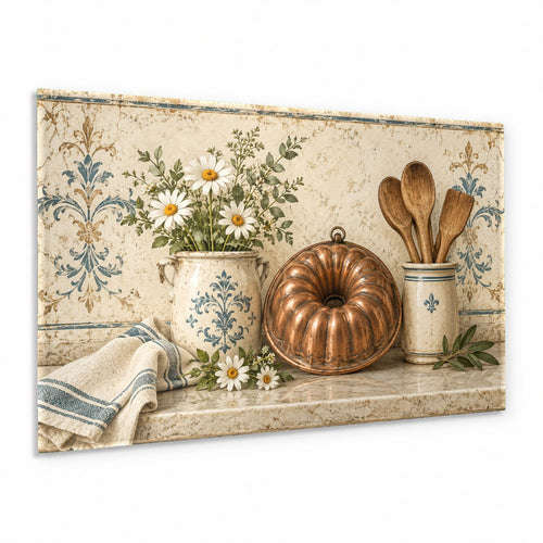 Copper Bundt glass wall art hanging in a modern white kitchen above a marble countertop
