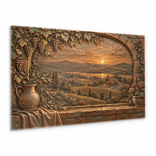 Tuscan Archway Glass Wall Art hanging in a sunlit modern living room above a cream sofa