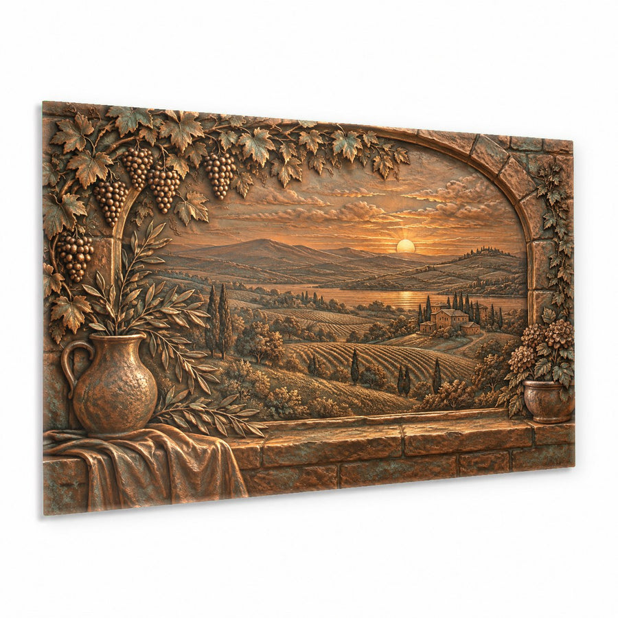 Tuscan Archway Glass Wall Art hanging in a sunlit modern living room above a cream sofa