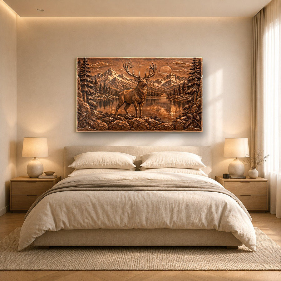 Copper Stag Glass Wall Art hanging above a modern leather sofa in a rustic living room
