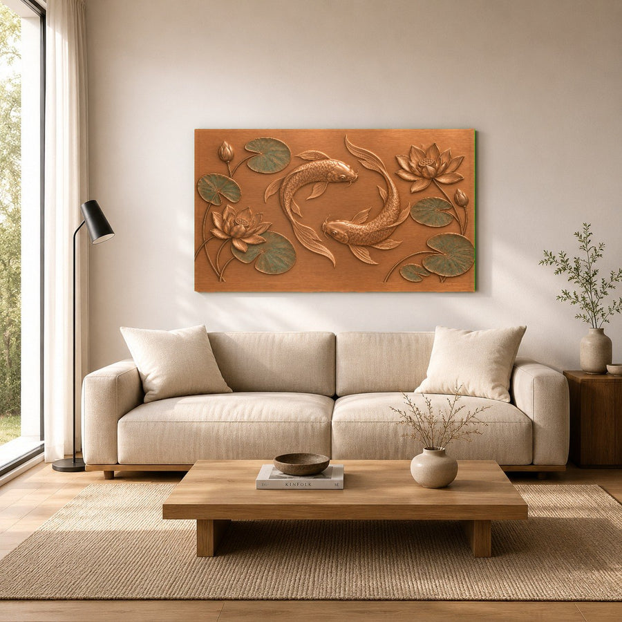 Peaceful koi pond glass painting showcased in a minimalist home office design