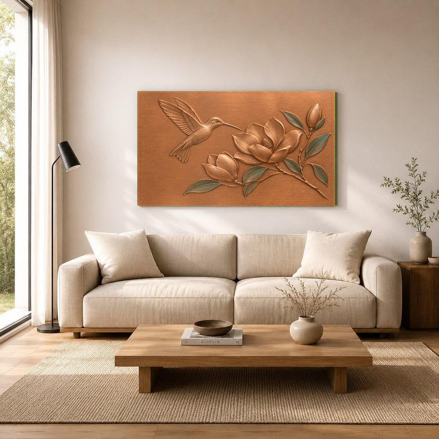 Boutique hotel lobby wall decorated with premium floral glass art