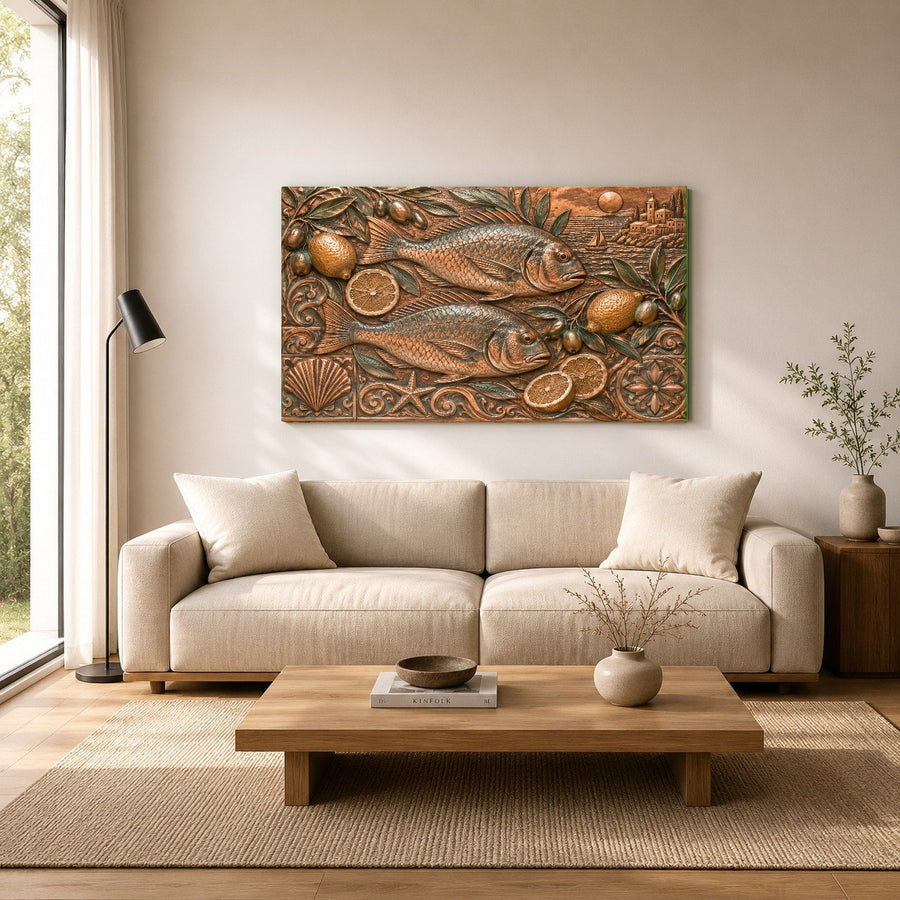Vibrant blue coastal wall art on glass featured in a relaxing spa waiting room