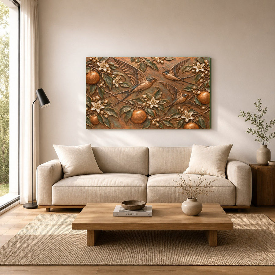 Large format Orange Swallows Glass Wall Art showcased in an open-concept loft