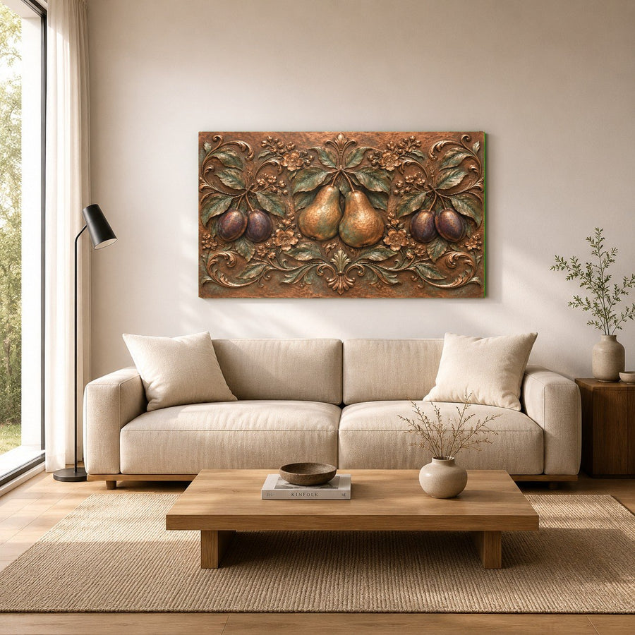 Pear Plum botanical glass print showcased in a professional interior design studio