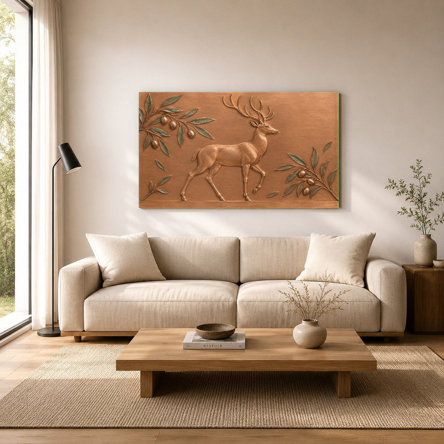 High-gloss tempered glass deer art viewed from a side angle in a boutique hotel lobby