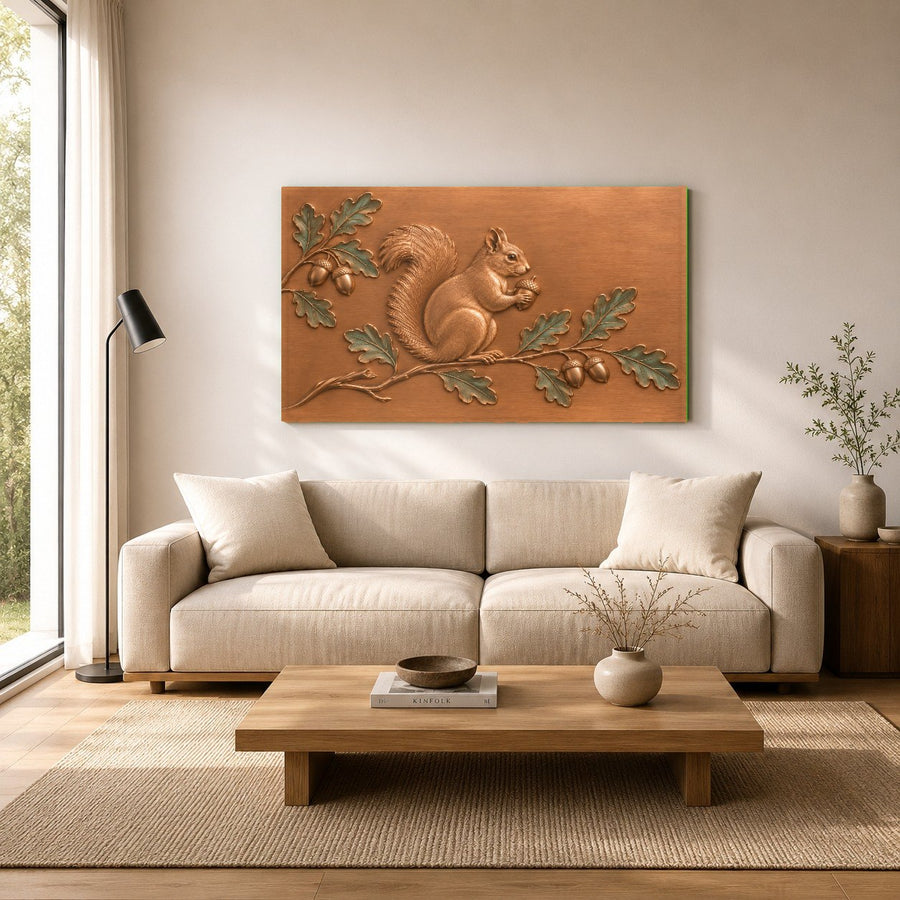 Oversized autumn squirrel glass art showcased on a dark feature wall in a hotel lobby
