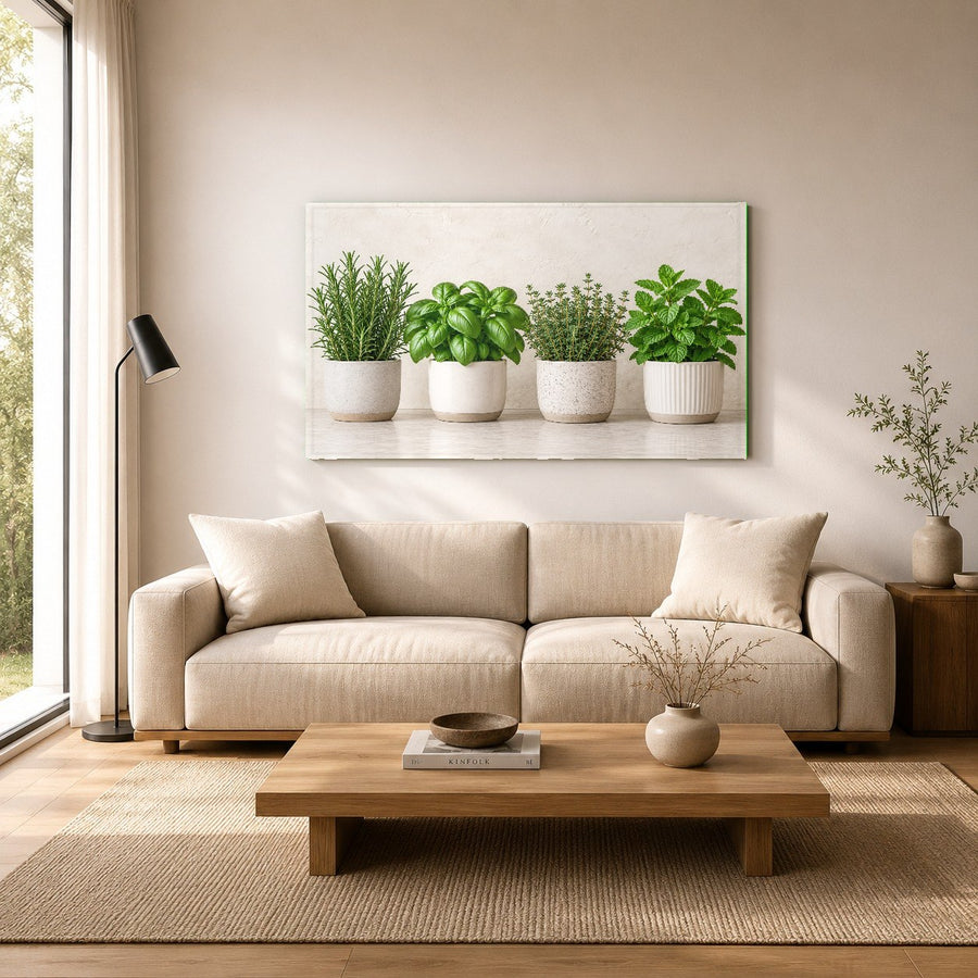 Potted herbs glass wall art complementing wooden countertops in a family home