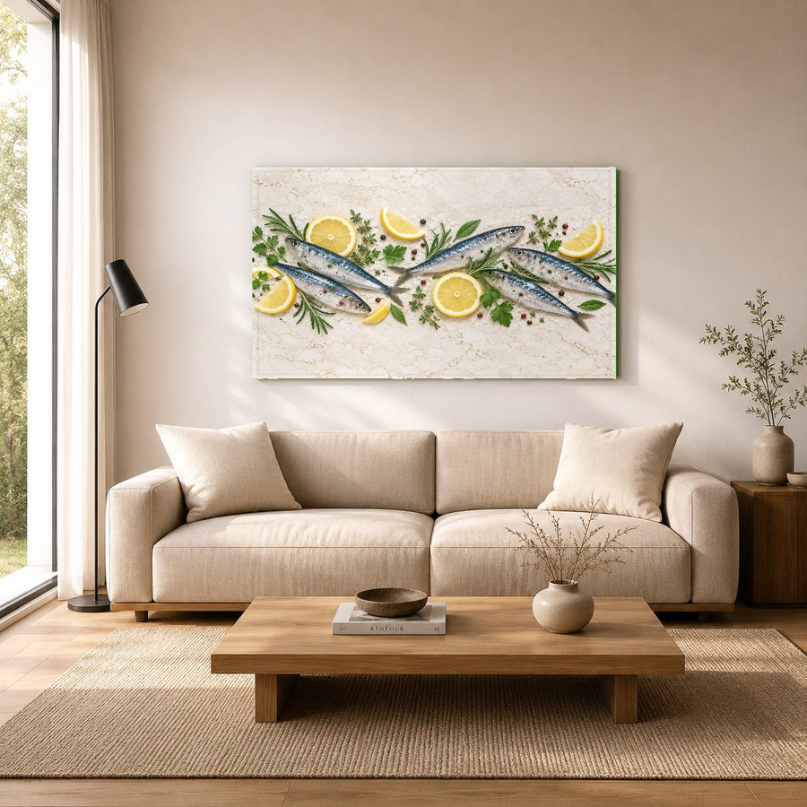 Sardine Lemon Glass Art displayed in a bright, airy beach house kitchen