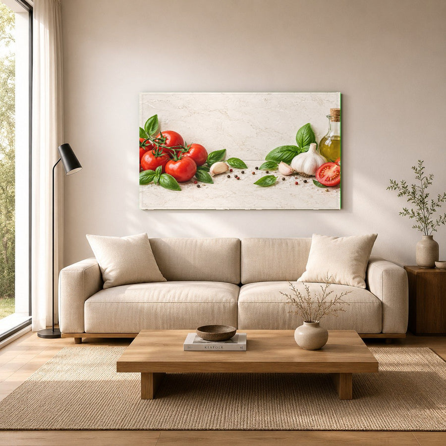 Botanical kitchen glass art showcased in a stylish interior design showroom