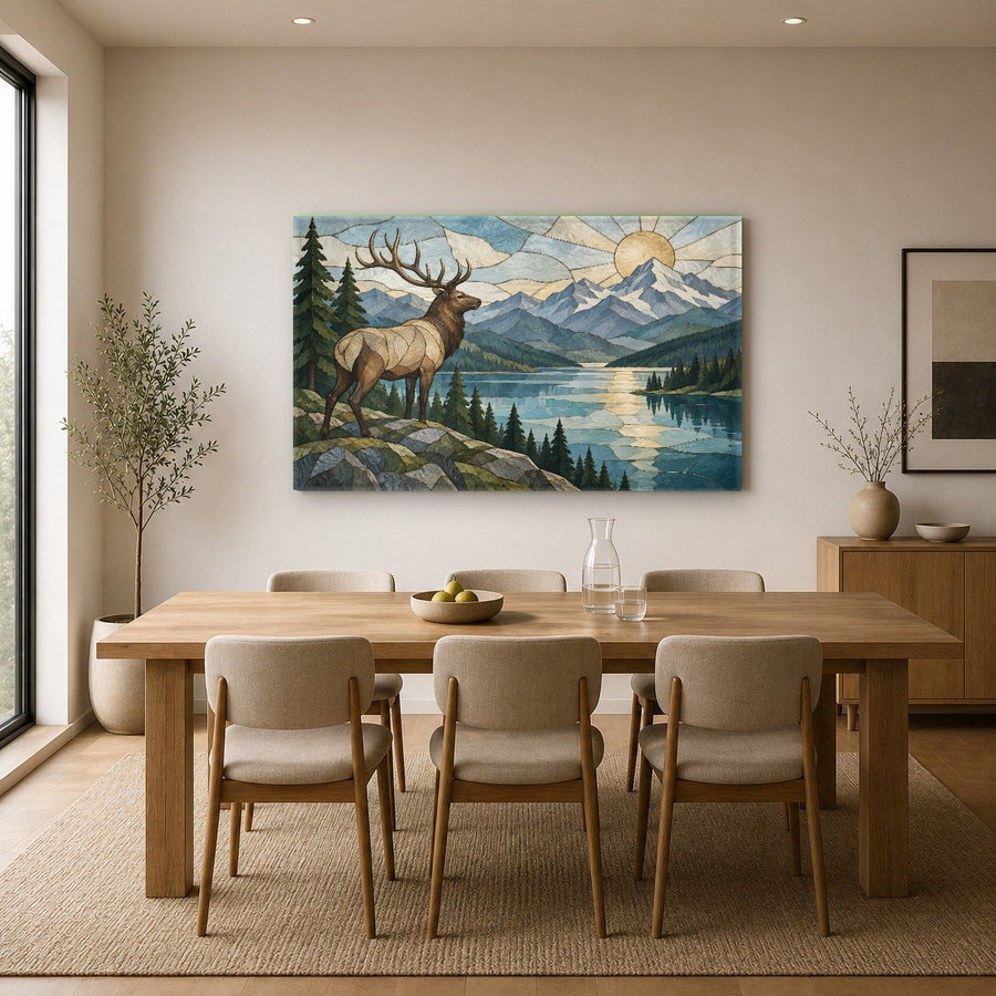 Tempered glass wildlife print featuring a majestic elk river scene in a serene home spa suite