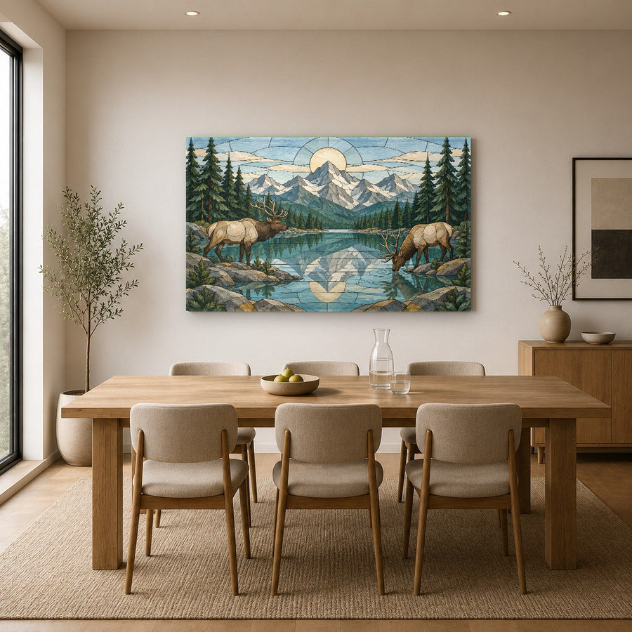 Peaceful forest wilderness glass panel hanging on a textured grey wall in a quiet reading corner with a lounge chair.