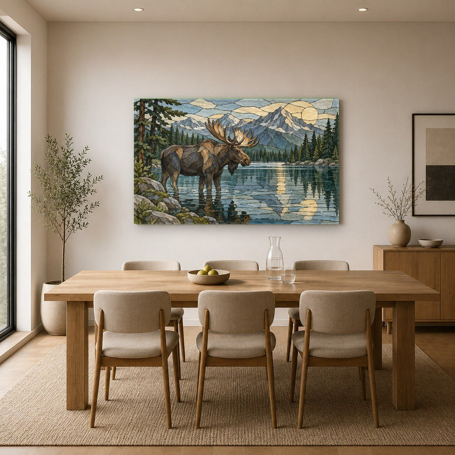 Wildlife wall art print mounted in a tranquil spa waiting room with warm ambient lighting