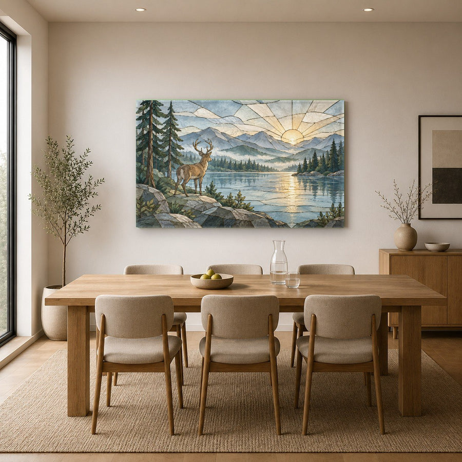 Tempered glass print of forest deer at dusk hanging in a cozy home library with dark wood bookshelves.