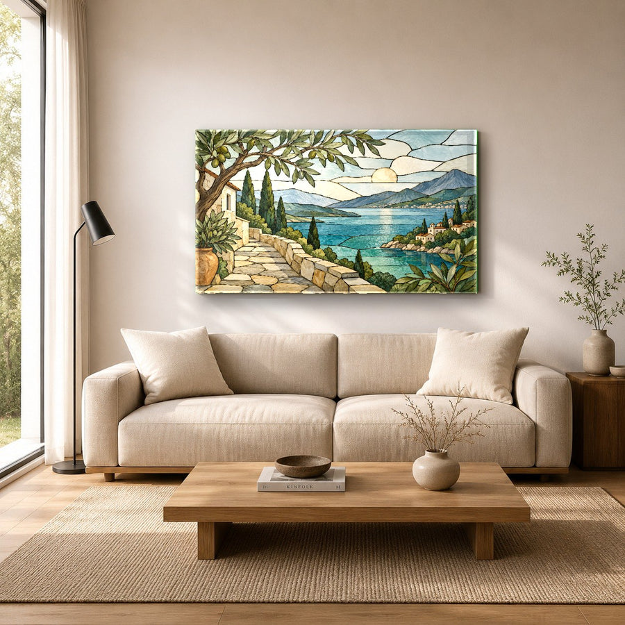 A large-scale coastal stained glass print creating a stunning focal point in a chic modern entryway.