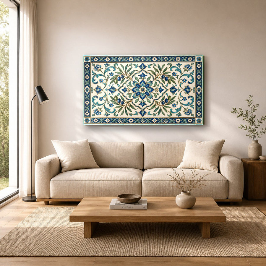 A cozy reading nook featuring the Rustic Harmony Tile art piece paired with mid-century modern furniture.
