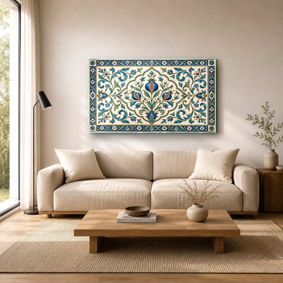 Side angle shot of premium 4mm tempered glass wall art with metal mount