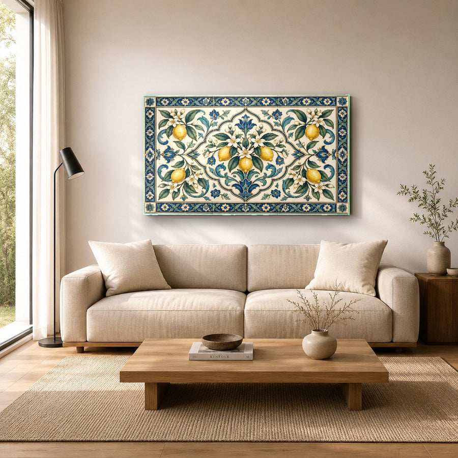 Lemon Tile Glass Wall Art centered on a light gray accent wall in a stylish modern home.