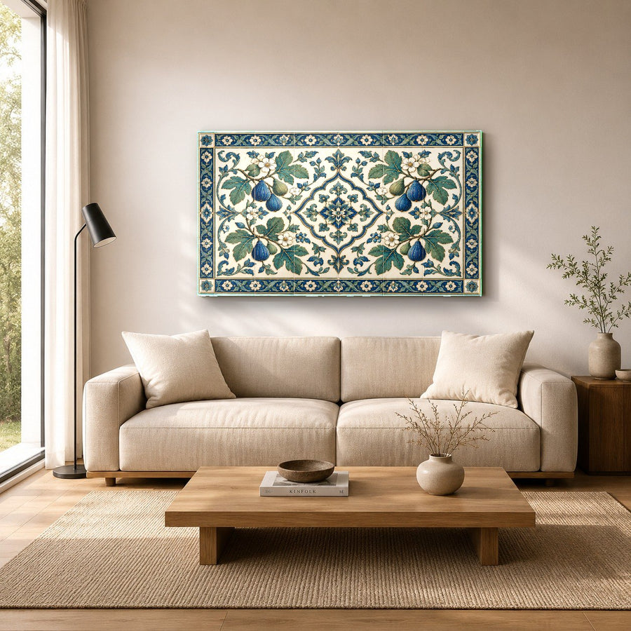 Vintage flora glass print positioned above a rustic wooden sideboard in a farmhouse