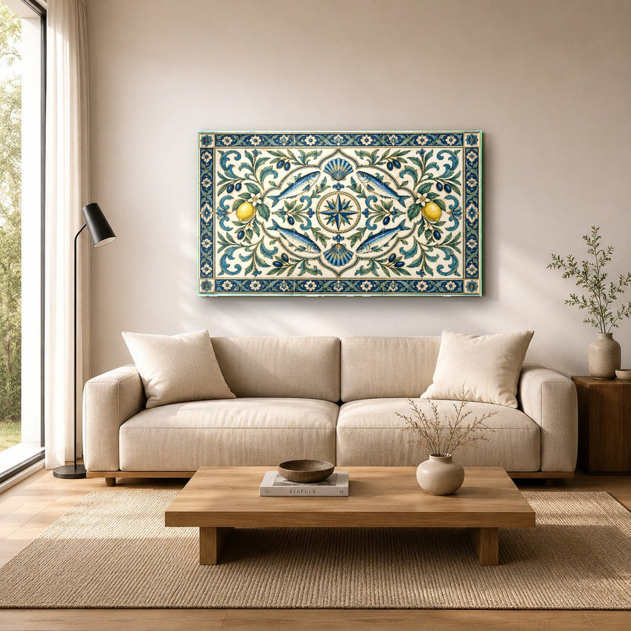 Open-concept loft space showcasing a large statement glass art piece on the main wall