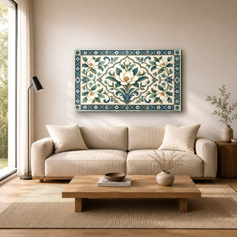 Architectural glass wall decor hanging in a stylish sunroom with indoor plants