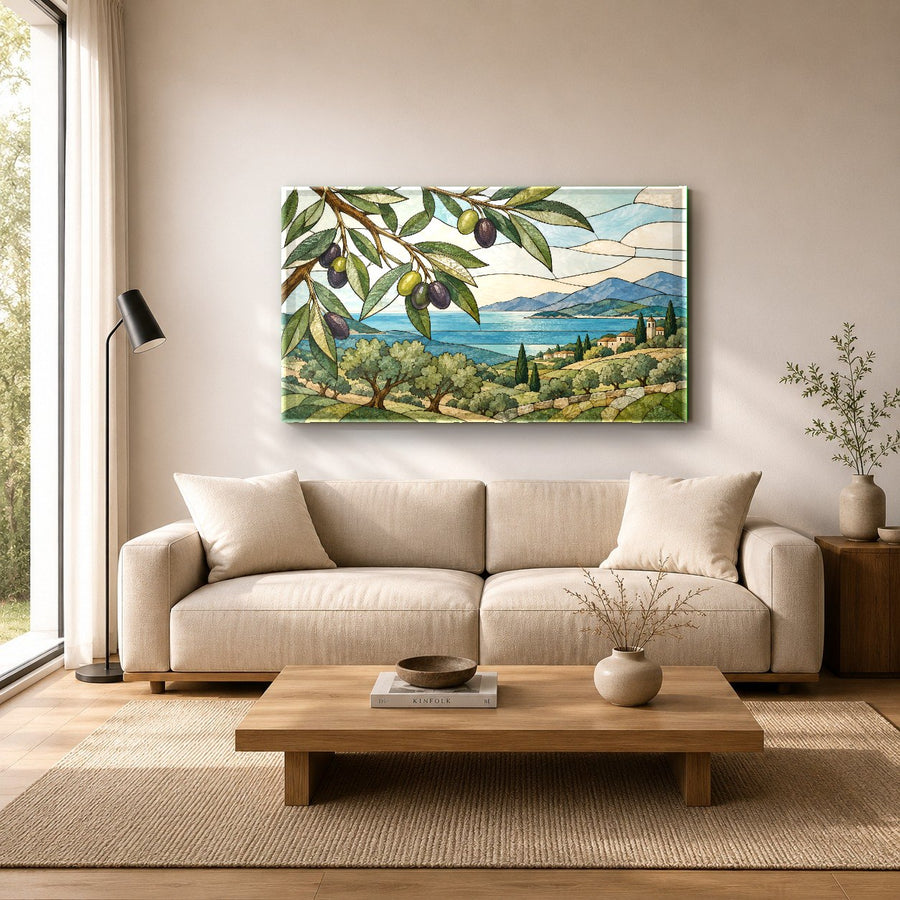 Stained Olive Glass Wall Art showcased in a tranquil spa interior with natural wood accents