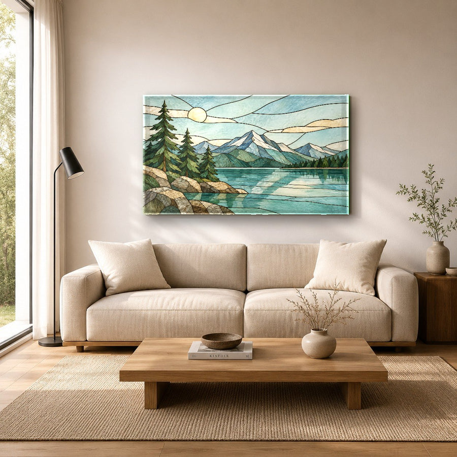 Landscape tempered glass wall art showcased in an open-concept loft