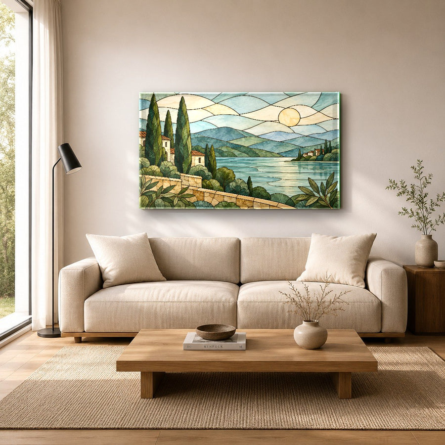 Stained Sunrise glass wall art complementing warm bohemian interior decor