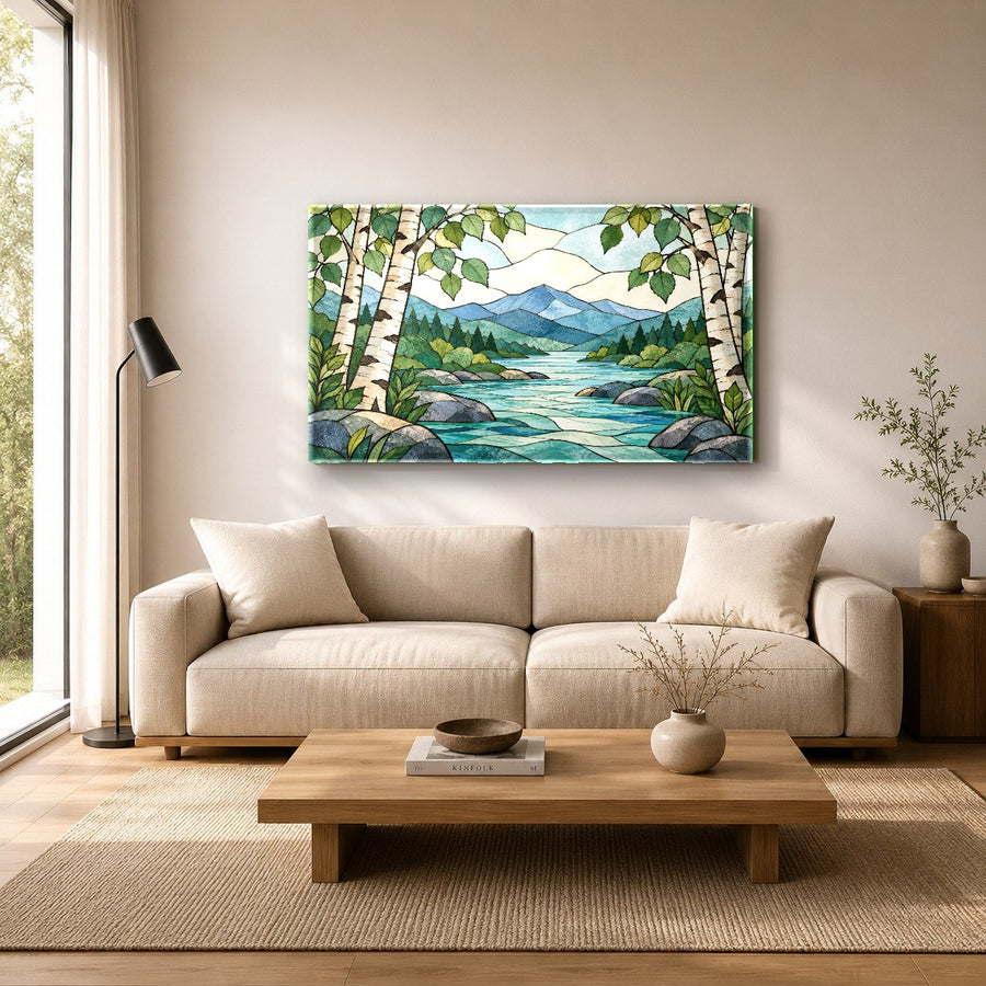 Tempered glass mountain print mounted on a dark statement wall in a study